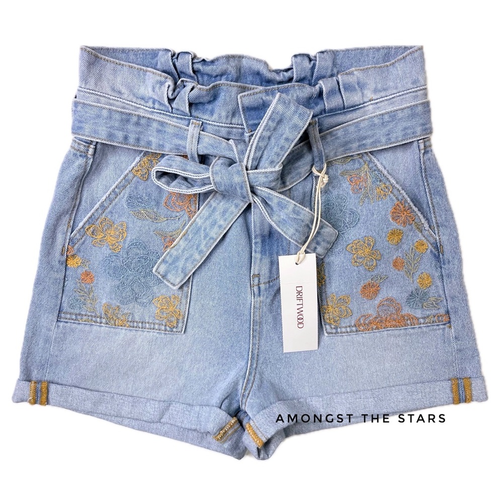 Driftwood Floral Embroidered Paperbag Blue High Waisted Denim Shorts